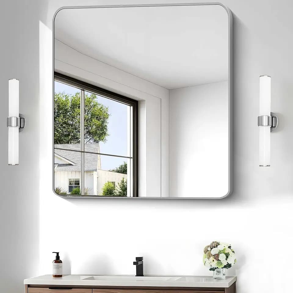 Silver Bathroom Mirror, 30 x 36 Inch Metal Framed Silver Rectangle Mirror, Rounded Corner Rectangular Vanity Mirror, Wall Mounted Mirror for Living Room Bedroom Entryway Horizontal/Vertical