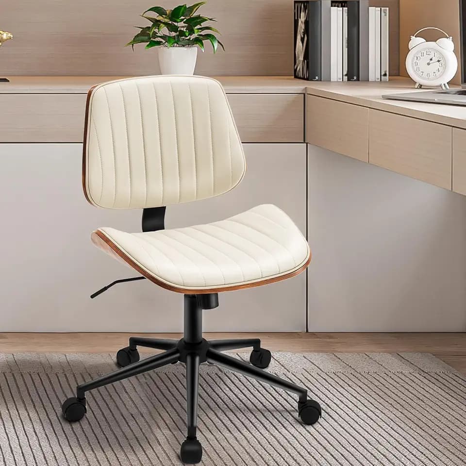 Armless Desk Chair with 360°Swivel Wheels, Ergonomic Adjustable Height Computer Chair for Home Office,PU Leather with Modern Walnut Drafting Chairs for Office, Reading Nook(Beige)