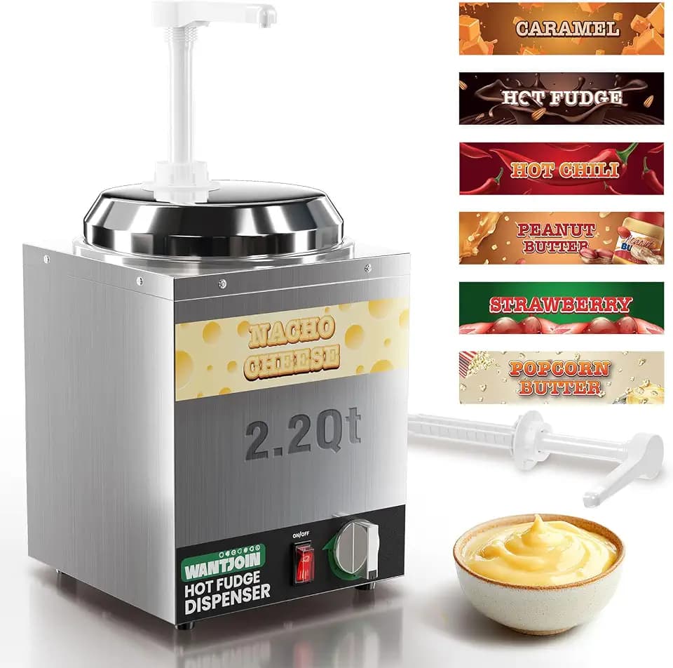 WantJoin Nacho Cheese Dispenser with Pump - 2.2Qt Nacho Cheese Warmer,Stainless Steel Hot Fudge Warmer W/5-Level Temperature Adjustment,Commercial Hot Fudge Dispenser for Hot Fudge Cheese Caramel