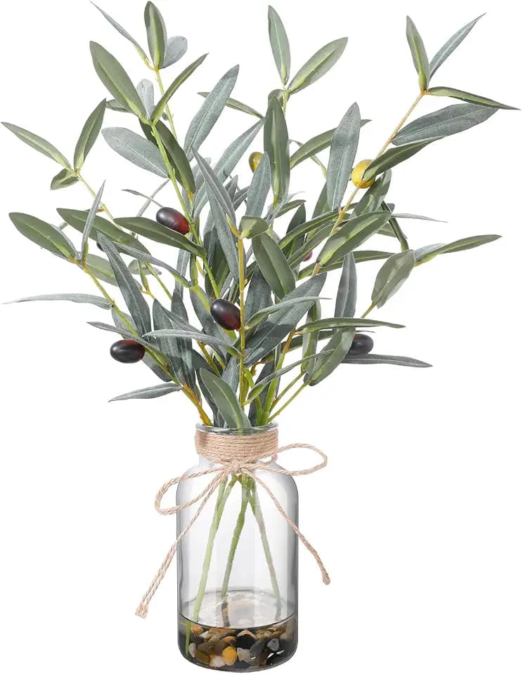Artificial Olive Branches in Glass Vase, 15.74-in Faux Greenery