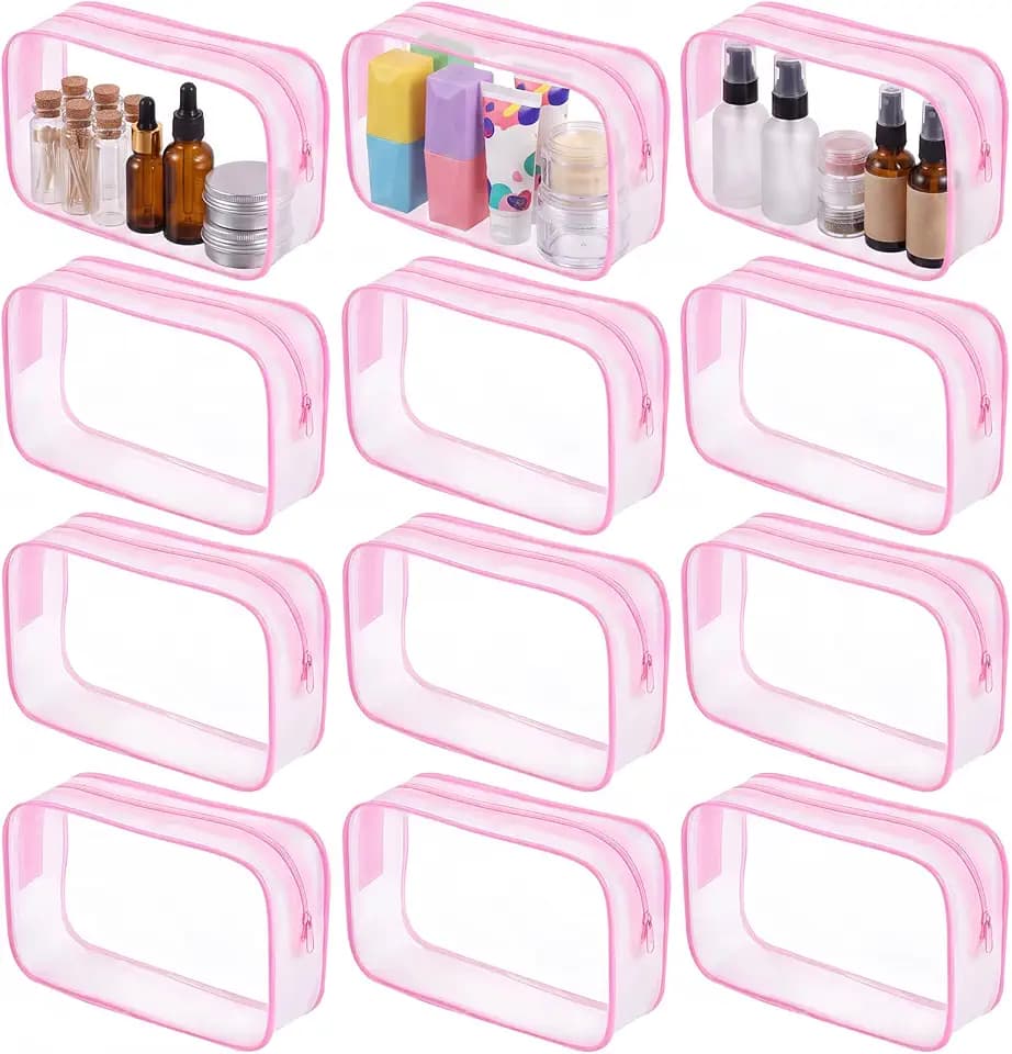 12 Pcs Clear Toiletry Bag Travel Cosmetic Pink Makeup Organizer for Women