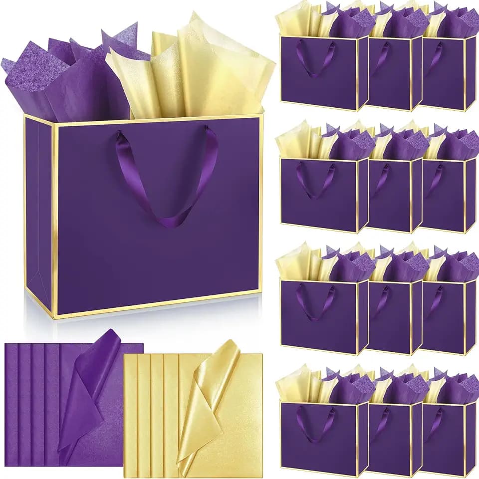 ReliThick 12 Pack Paper Gift Bag with Handles & Tissue, Dark Purple, Gold