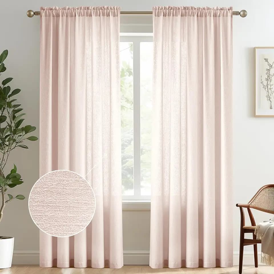 Melodieux Pink Sheer Curtains with Tiebacks - 84 Inches Long for Living Room, Rod Pocket, Linen Look Shiny Texture, Semi Sheer Light Filtering Curtain Drapes for Bedroom, 52" W x 84" L, 2 Panels