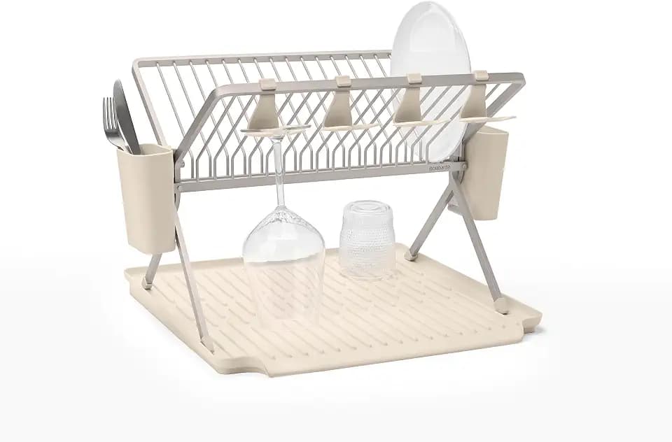 Brabantia SinkSide Large Foldable Dish Drying Rack (Soft Beige), Sleek Kitchen Drainer with Removable Cutlery Basket, Countertop Dish Rack for Dishes and Kitchen Accessories