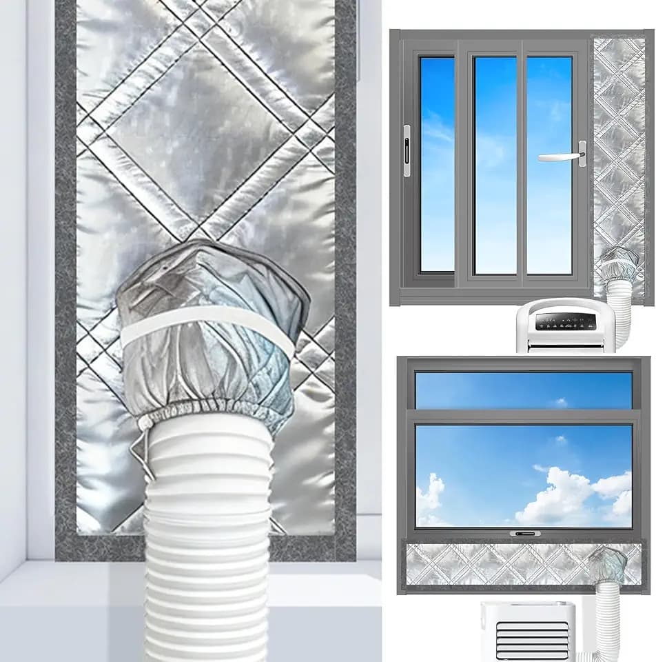 3-Layer Insulated Portable AC Window Seal Kit for Sliding Windows Adjustable Height up to 62" Reflective Aluminum Foil Thermal Shield, 100% Blackout & Waterproof, Reversible Grey/Silver