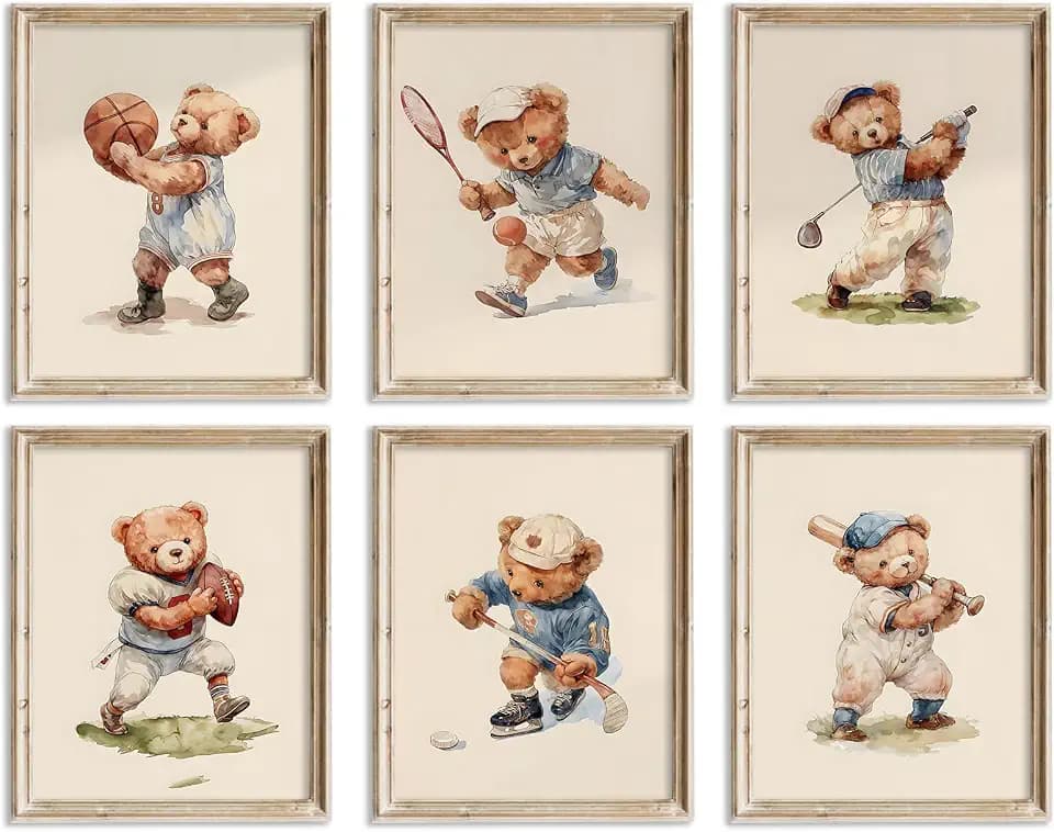 Aroutde 6Pcs Teddy Bear Canvas Wall Art, Sport Bear Nursery Room Decor, Vintage Animal Pictures Painting for Kids Bedroom Playroom Decoration (8x10 Inch, Unframed)