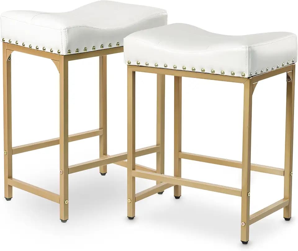 Bar Stools Set of 2, 24 Inch Gold White Counter Height Stools with Cushion, Faux Leather, Metal Frame, Modern Style Stools for Kitchen Counter Island