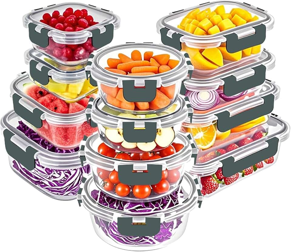 VERONES 12 Packs Glass Food Storage Containers Set with Lids, Grey