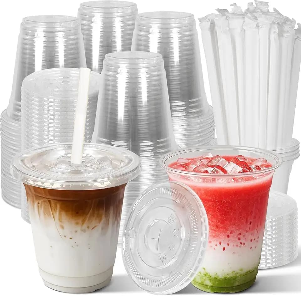 KAHEIGN 50Pcs Plastikbecher mit Deckel – 12oz/360ml wiederverwendbare Plastik-Trinkbecher Smoothie Becher mit Deckel und Loch für Eiskaffee, Cocktail, Smoothie für Kaltgetränke Glühwein Party