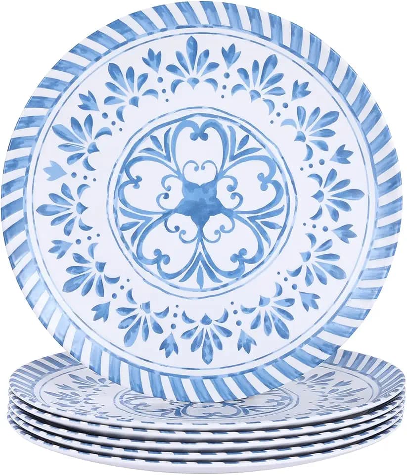 Melamine Plates Set,10.75 Inch Dinner Plates Set, 6pcs Blue&White