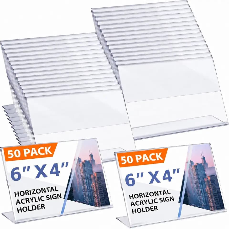 Soaoo 50 Pcs 4 x 6 Acrylic Sign Holders, Horizontal L-shape Slant Back