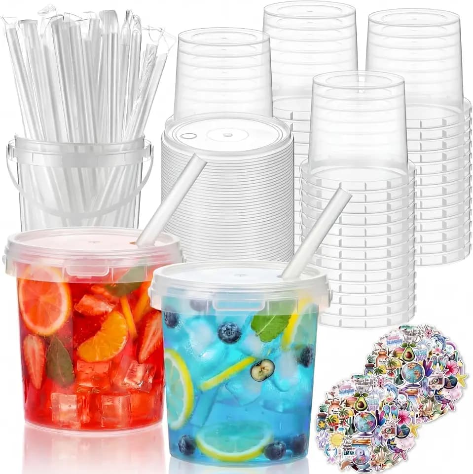 meekoo 72 Set 34 oz Drink Buckets with Lids and Straws