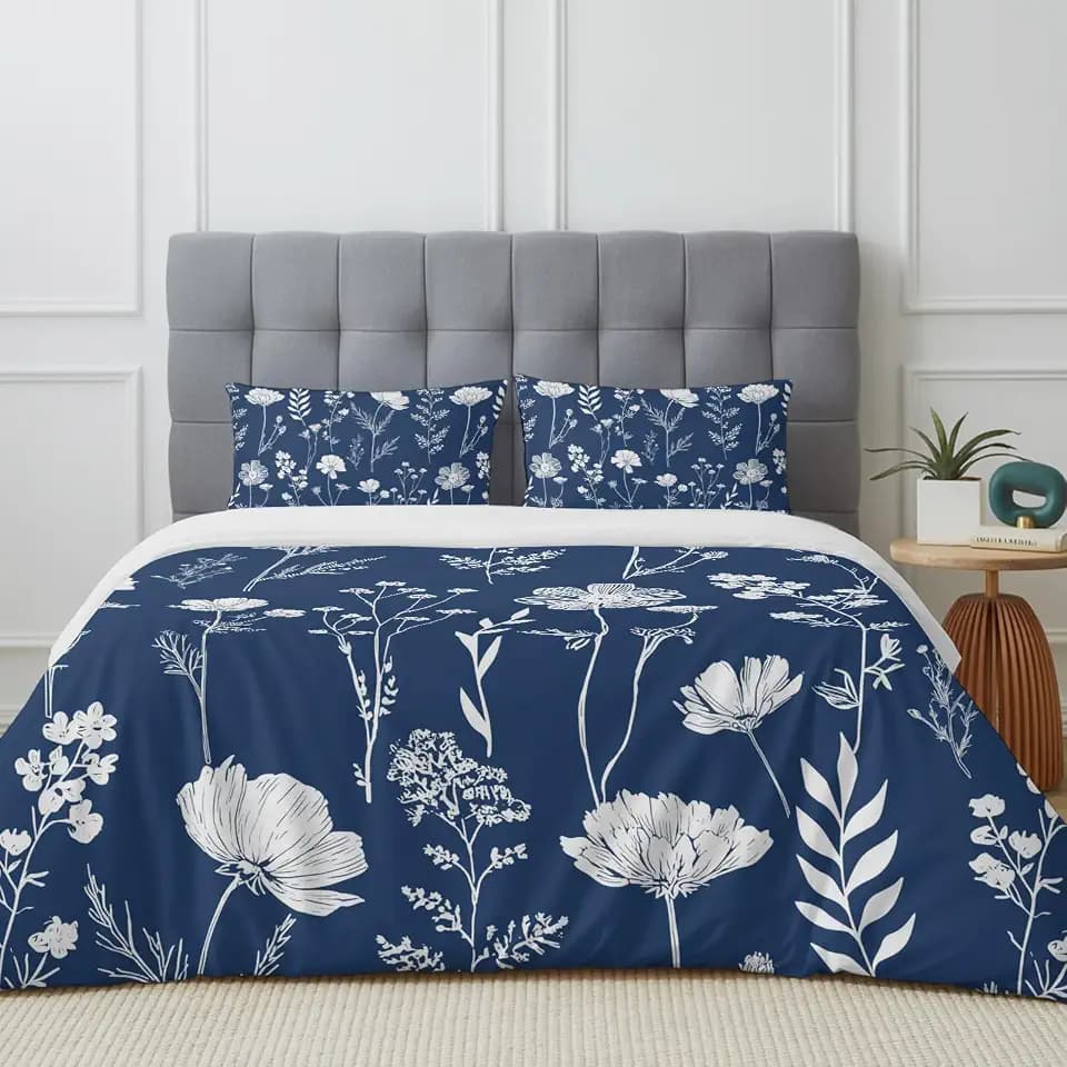 Duvet Cover Set California king Size, Watercolor White Floral Wild Herbs Comforter Cover 4 Pieces Bedding Sets, Blossom Flower on Navy Blue Bed Set Include 1 Duvet Cover, 2 Pillow Shams, 1 Bed Sheet