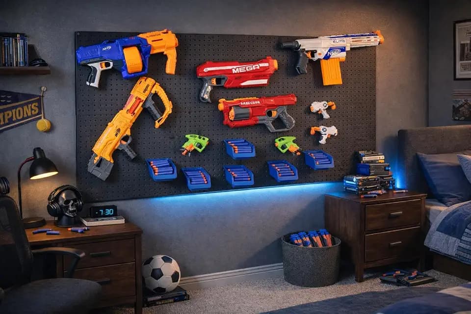WallPeg Nerf Organizer Accessories – Pegboard Bins and Jumbo Peg Hooks Set – 6 Large Cobalt Blue Storage Bins & 20 Jumbo Peg Hooks – Nerf Storage System for Blasters, & Darts – Made in USA