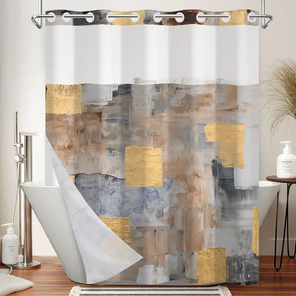 No Hook Shower Curtain with Snap in Liner Set, Modern Abstract Gold Art Print - Mesh Top Waterproof Double Layer Bath Tub Curtain for Glam Neutral Hotel Spa Bathroom Decor, 71W x 74H