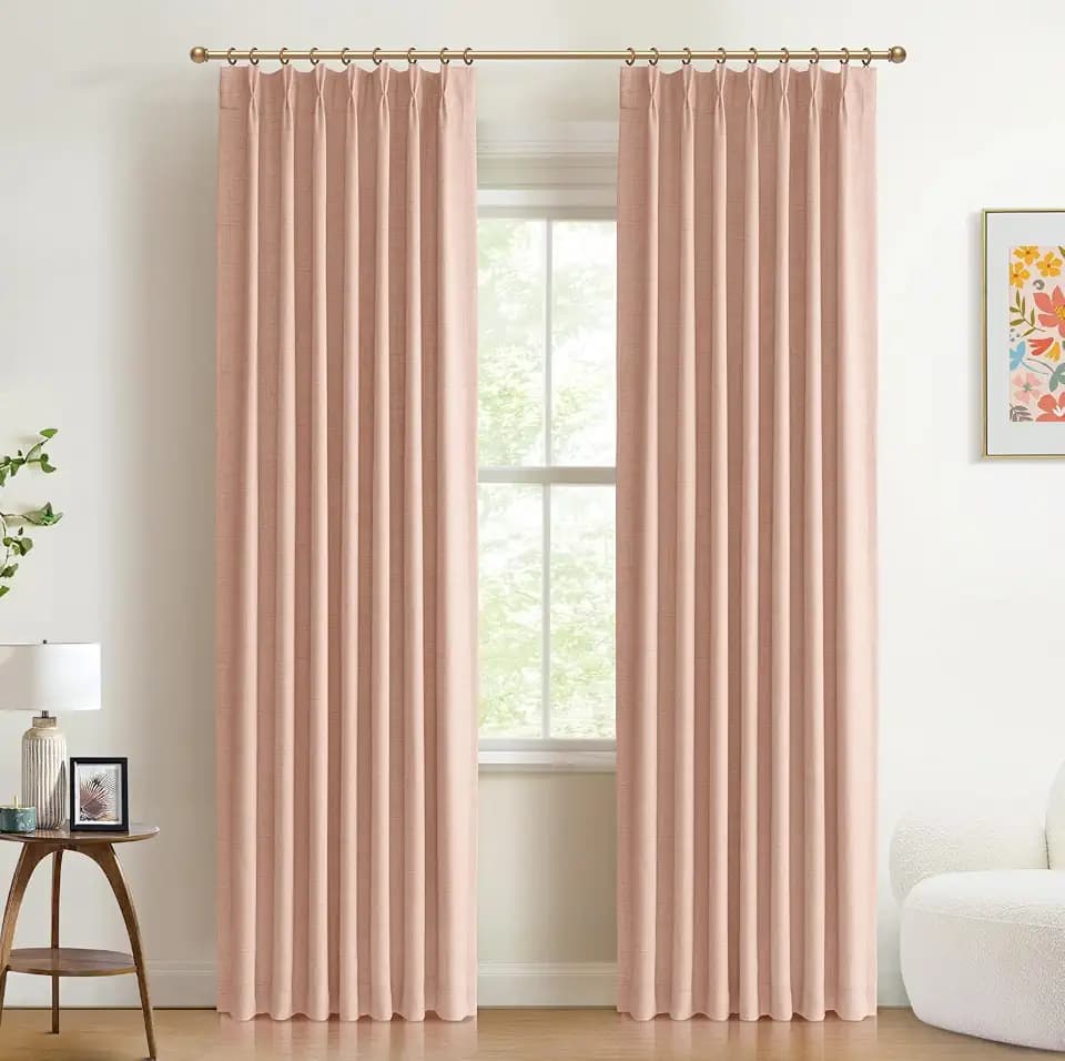 Blush Pink Total Blackout Linen Pinch Pleated Curtains 96 Inches Long