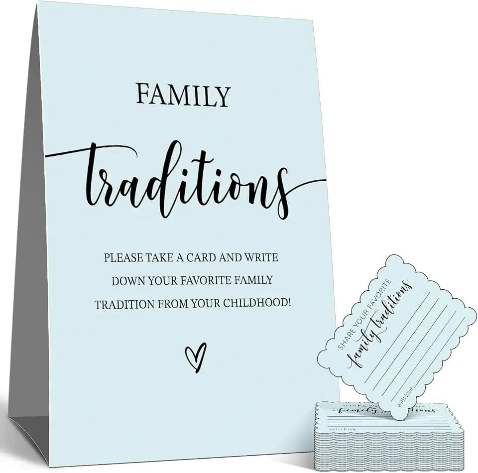Family Traditions Baby Shower Games Sign, Blue family traditions Cards for Boy, 1 Families Tradition Standing sign And 50 Card, baby shower Decoration Supplies-30