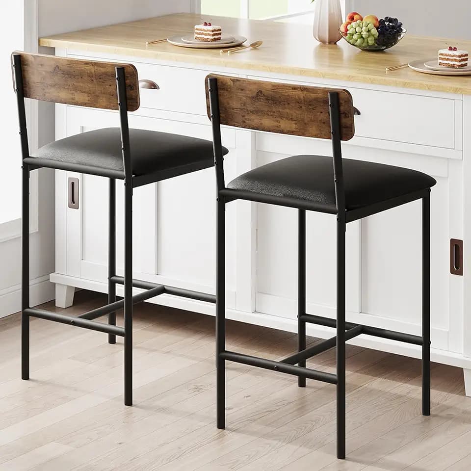 GarveeHome Bar Stools Set of 2, Upholstered Height Bar Stools with Backrest and Footrest, Kitchen Barstools for Island, Counter Bar, Easy Assembly, Rustic Brown