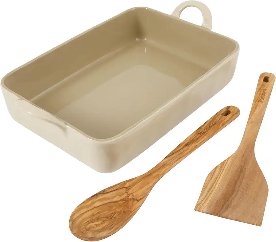 Bloomhouse 3-Piece 4.8-Quart 9 X 13 Ceramic Bakeware Set with Olive Wood Tools – Linen/Taupe Baking Dish with Handles, Oven Safe, Durable Stoneware for Casseroles, Roasting & Serving