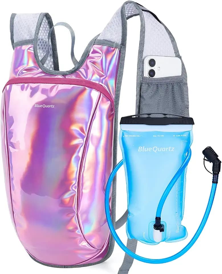 Blue Quartz Rave Hydration Backpack, Reflective Hiking Pack with 2L Water Bladder & Phone Pocket, Hydro Pack with Insulated Compartment for Festival Running Cycling for Men Women