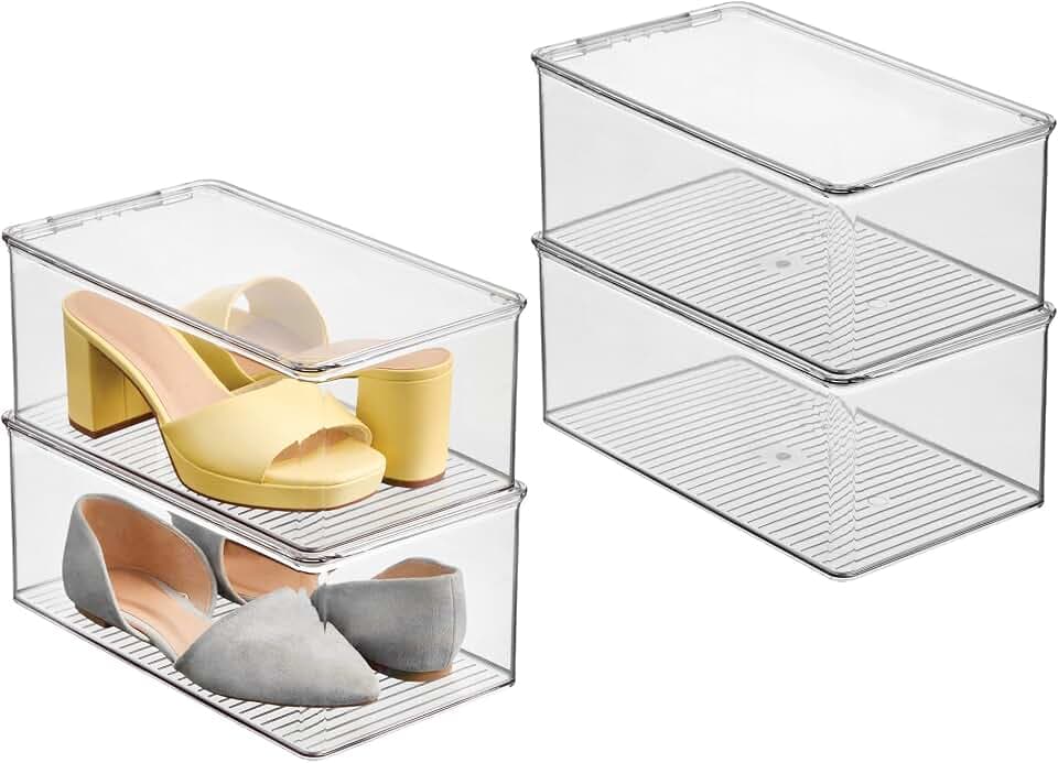 iDesign Stackable Shoe Box with Hinged-Lid, Set of 4, Clear