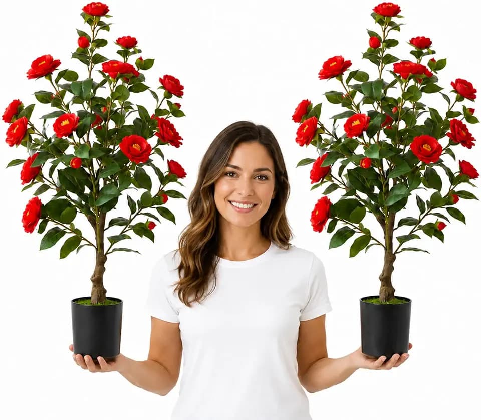 3FT 2Pcs Artificial Camellia Tree with Vibrant Red Flowers