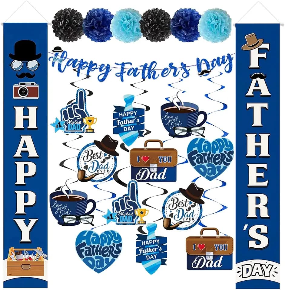 Happy Fathers Day Decorations Kit, Included Happy Fathers Day Banner, Father's Day Decor Porch Banner, 12 Father's Day Hanging Swirls, 6 Pom-Poms Party Supplies for Home Wall Backyard Party Office