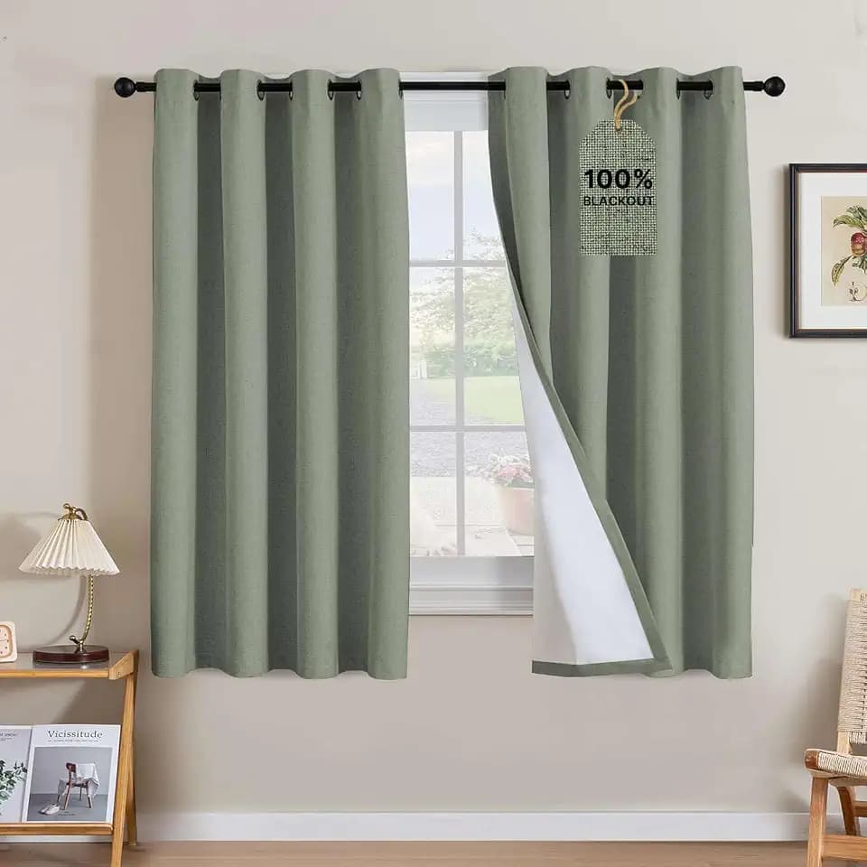 H.VERSAILTEX 100% Blackout Linen Curtains 96" L Heathered Dried Sage