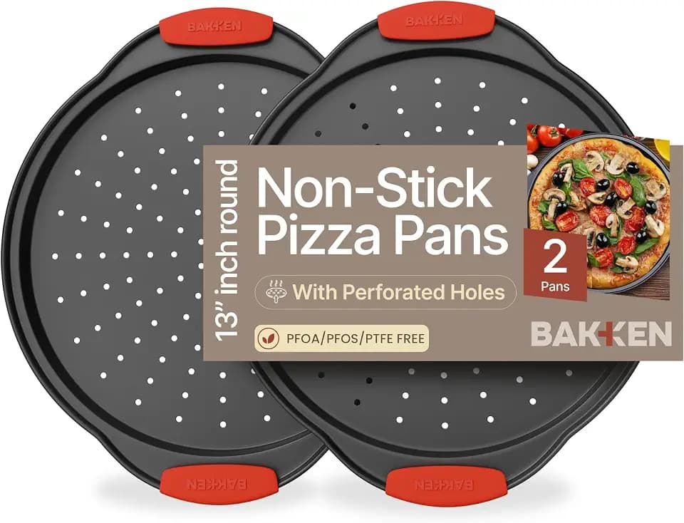 Bakken Pizza Baking Pan - Round Perforated Carbon Steel Pan with Non-Stick Marble Coating, Oversized Silicone Handle, Dishwasher Safe, High-Temperature Resistant, Durable & Easy Cleanup Black, 2 Pack