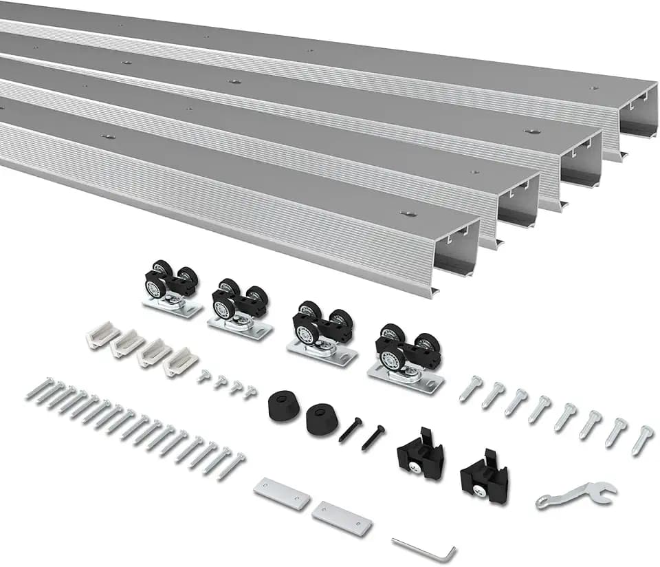 10FT Double Pocket Door Track Kit, 2 Sets of 56.7" Spliced Rail, Suitable for Double Door Width 48"-60"(Single Panel 24"-30"), Slide Quietly and Smoothly, Easy to Install