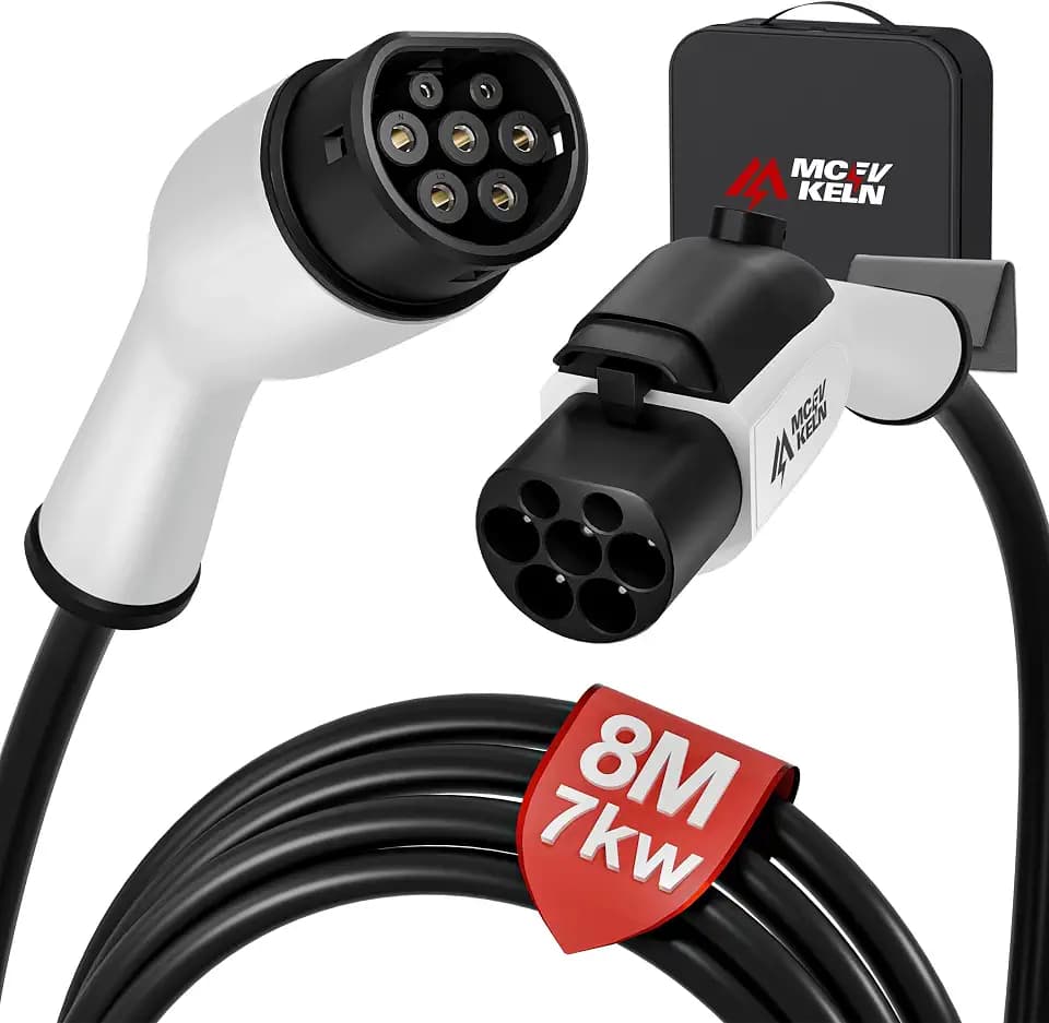 Verlängerung für Ladekabel Elektrofahrzeug Typ 2 7kW |32A 1Phase | 8M Verlängerungskabel mit Schloss für Hybrid & Elektroauto IEC62196-2, Ladeverlängerungskabel Typ 2, Weißer Stecker