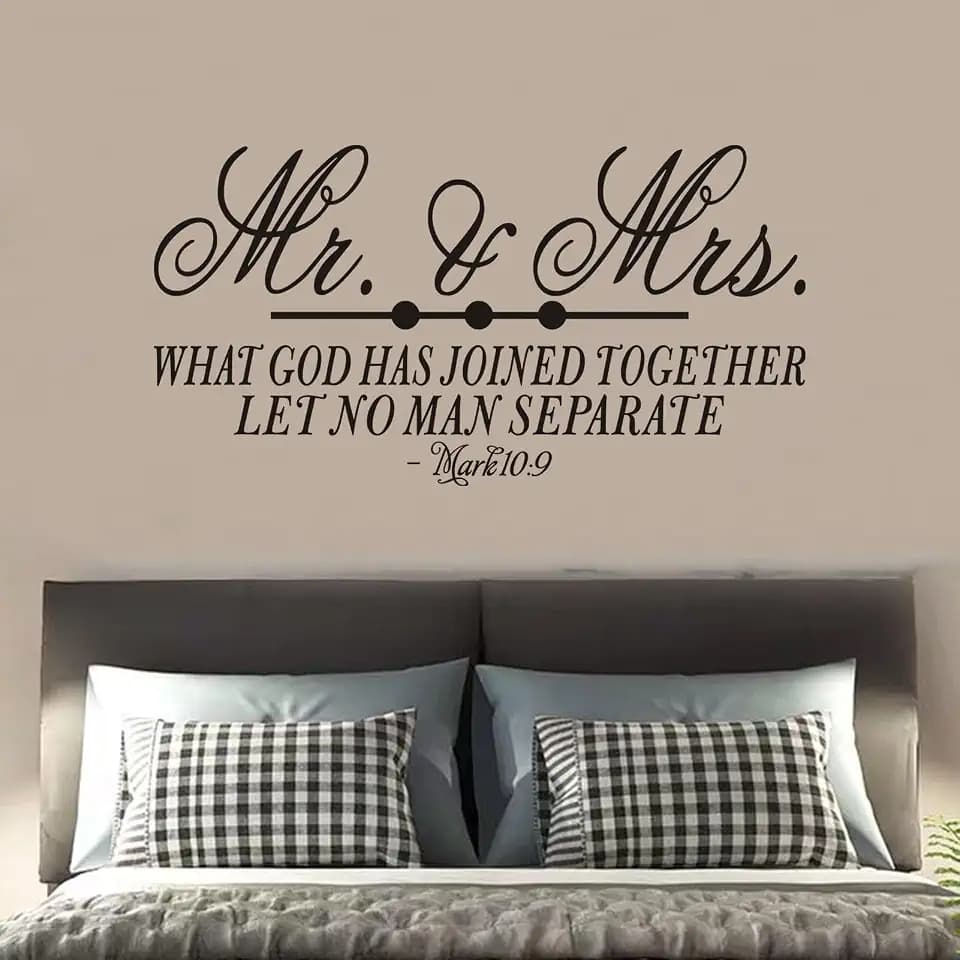 Bible Verse Wall Decals for Bedroom: Love Couples Quotes Wall Stickers - Women Positive Marriage Home Vinyl Art - Mr and Mrs What God Has Joined Together Let Mark 36.2"X19" X-Large