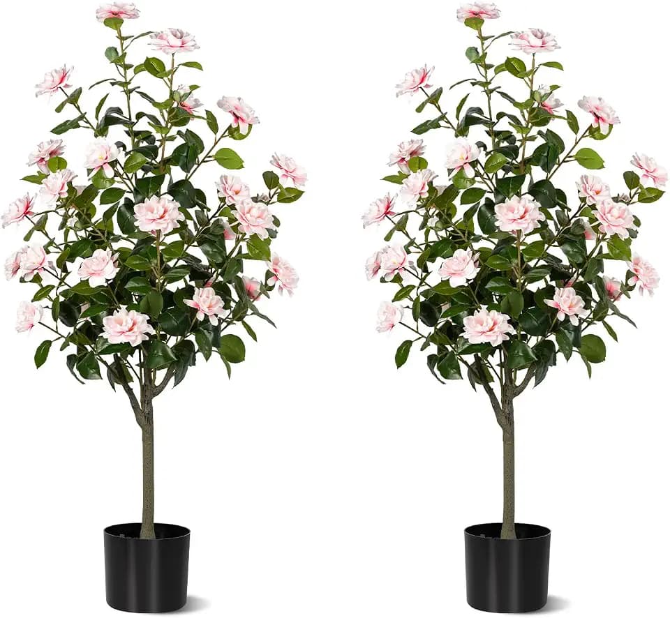 4FT Artificial Camellia Tree 2 Pack, Faux Floral Plant in Cement Pot Fake Silk Camellia Plants for Home House Living Room Office Decor