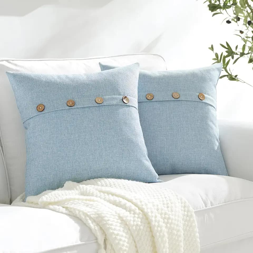 Meekio Set of 2 Baby Blue Pillow Covers 18 x 18 Linen Pillow Covers with Coconut Buttons Farmhouse Décor Housewarming Gifts