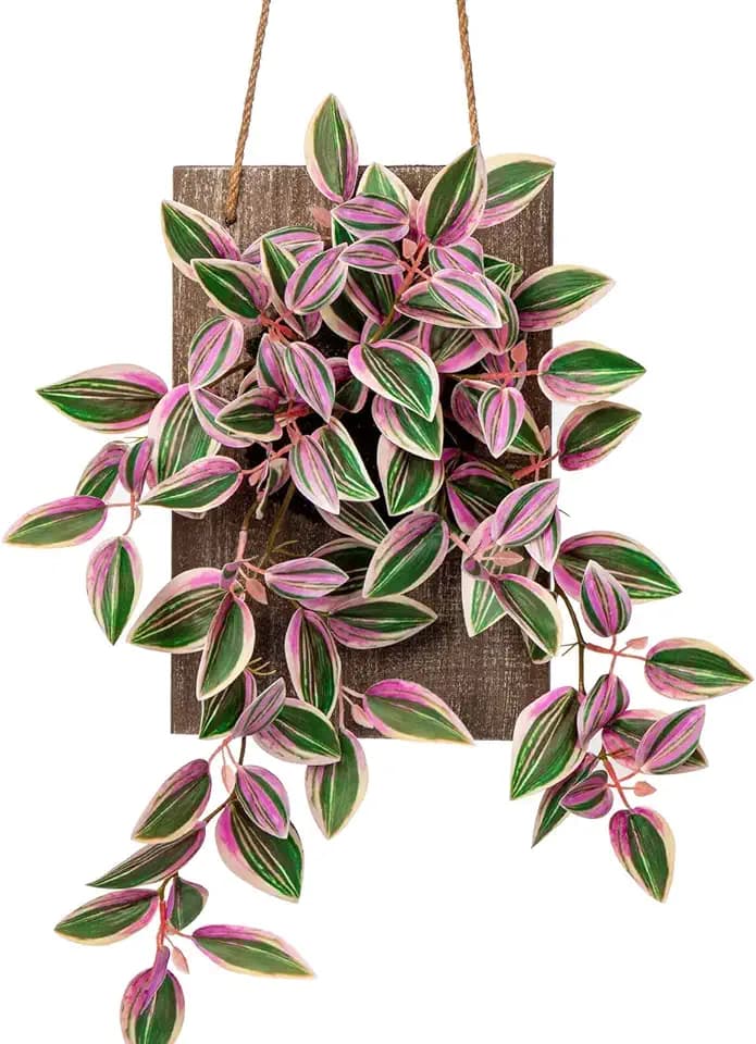GnFlus Artificial Plants Wall Decor 19.7", Hanging Fake Leaf Plants in Wooden Board Greenery Wall Art Decor for Home Living Room Bedroom Bathroom Office Pink