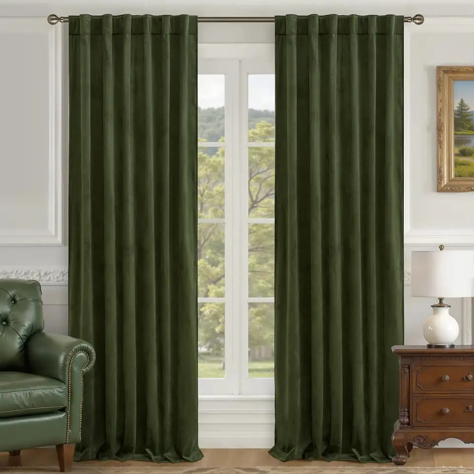 LAMIT 90 Inches Velvet Curtains for Living Room, 2 Panels, Olive Green