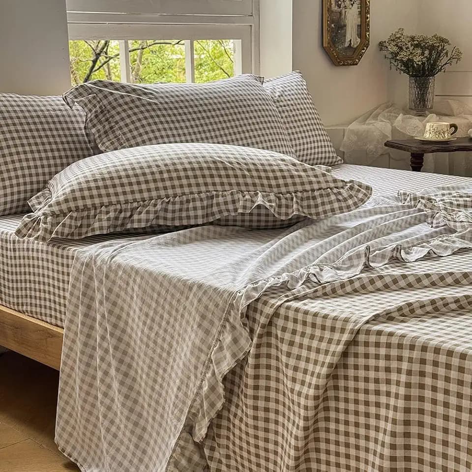 NSNLGSGC Tan Gingham Ruffle Full Sheet Set