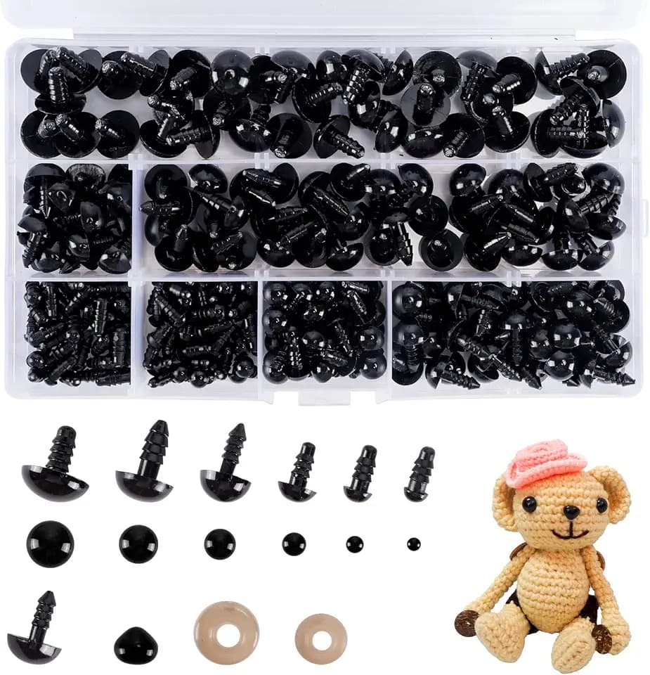 520pcs Plastic Safety Eyes and Noses with Washers, Craft Doll Eyes, Black Safety Eyes for Amigurumi, Puppet, Plush Animal and Teddy Bear