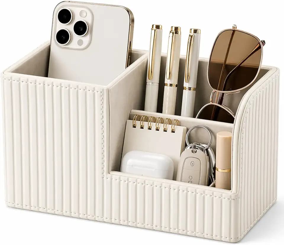 KINGFOM Desk Pen Organizer Office Supplies Caddy Pu Leather Multi-function Storage Box Pen/Pencil,Cell phone, Business Name Cards Remote Control Holder (Ivory White)