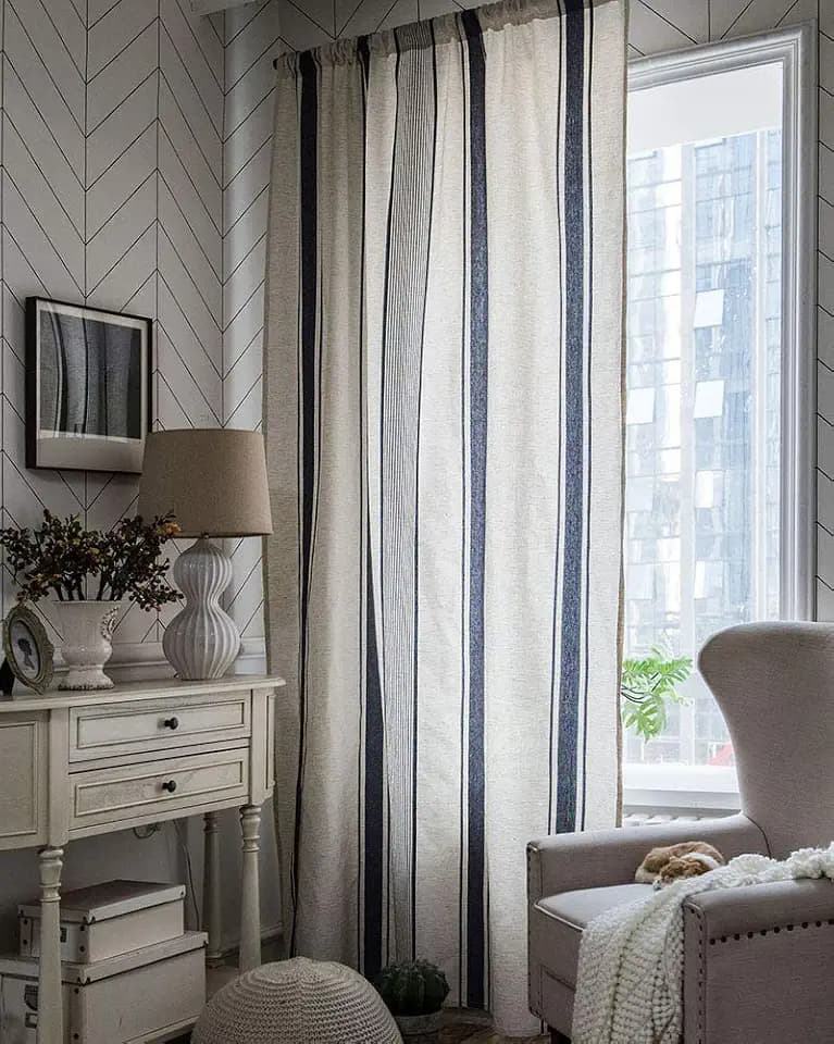 vctops Striped Cotton Linen Window Curtains Farmhouse Country Style Room Darkening Rod Pocket Curtain Panel for Bedroom Living Room, 1 Piece (Navy,59"x102")