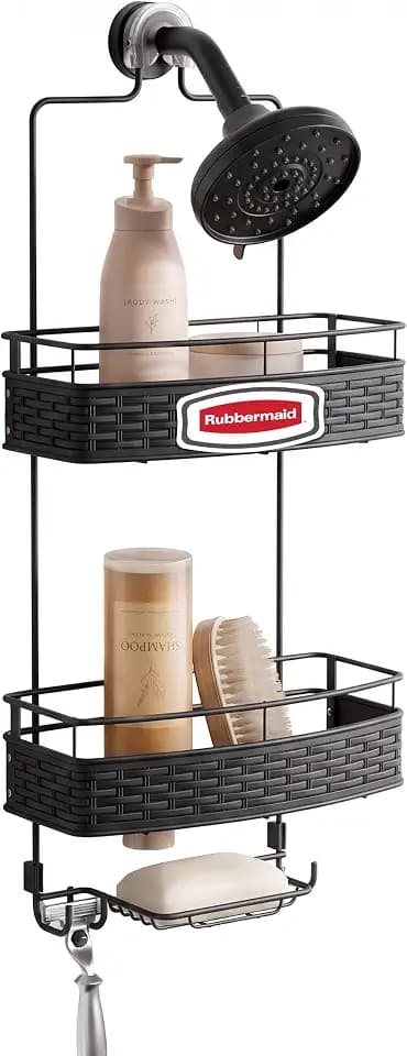 Rubbermaid Hanging Shower Caddy - Rust-Resistant Shower Organizer for Inside Shower, Over Showerhead Steel Storage Rack for Bathroom with 2 Shelves, Soap Holder and Hooks, Black