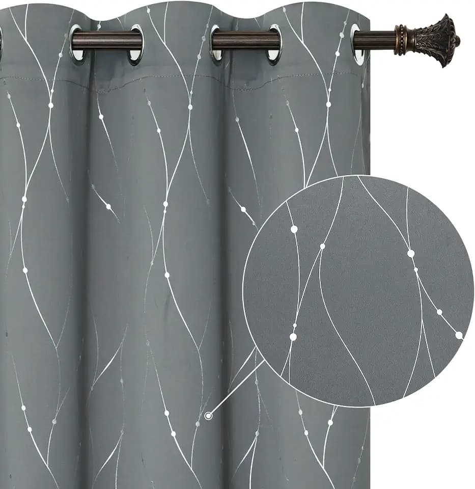 BUHUA Blackout Curtains for Bedroom 2 Panels Set, Grommet Thermal Insulated Room Darkening Window Curtains & Drapes with Wave Line and Dots Printed for Living Room, 38W x 72L Inch, Light Grey
