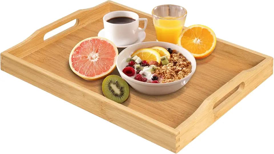 RRX Bamboo Food Serving Tray with Handles,Breakfast Bed Tray (Beige)
