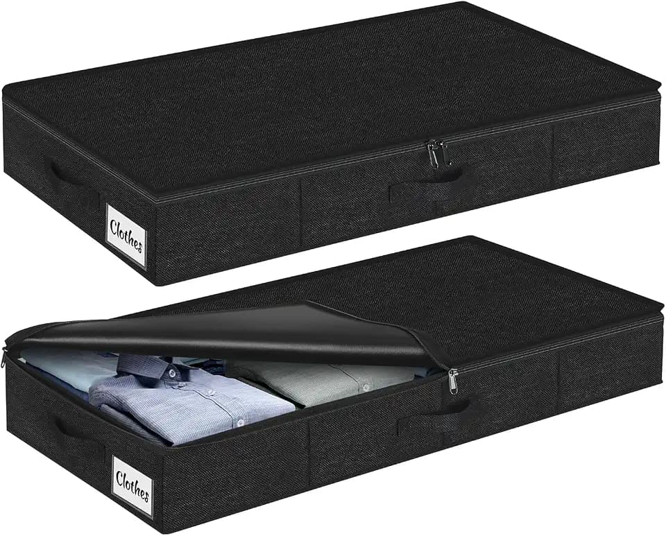 Under Bed Storage Container Bins 2 Pack, 4.5 Inch Slim Low Profile Underbed Clothes Storage Organizer for Dorm & Home, Use for Blanket and Toy Storage Box W/ Sturdy Bottom/Sides, Foldable Thick Fabric