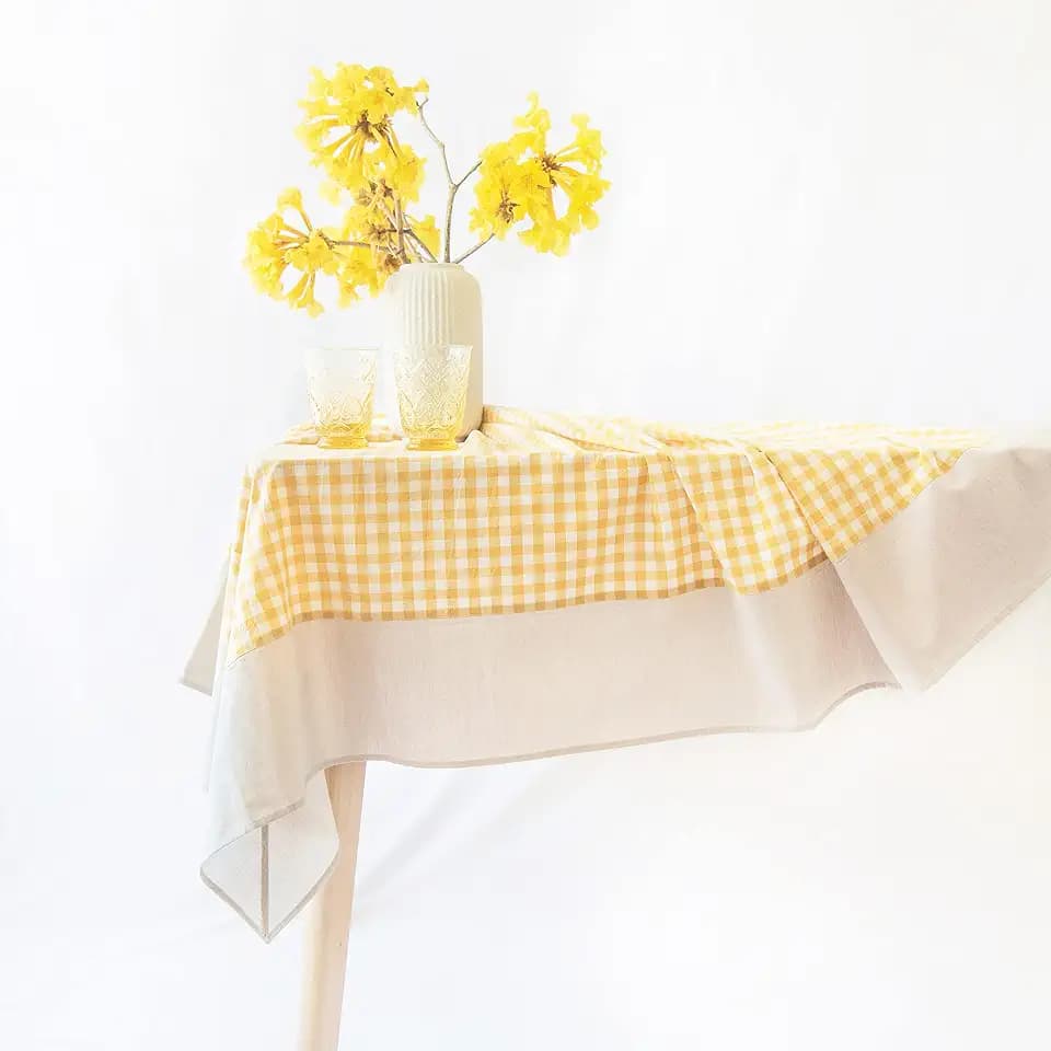 MONDAY MOOSE Gingham Checkered Farmhouse Rustic Picnic Style Decoration Rectangle Natural Stonewashed Cotton Tablecloth for Kitchen, Dining Room, Restaurant (60x86 inch, Yellow/Beige)