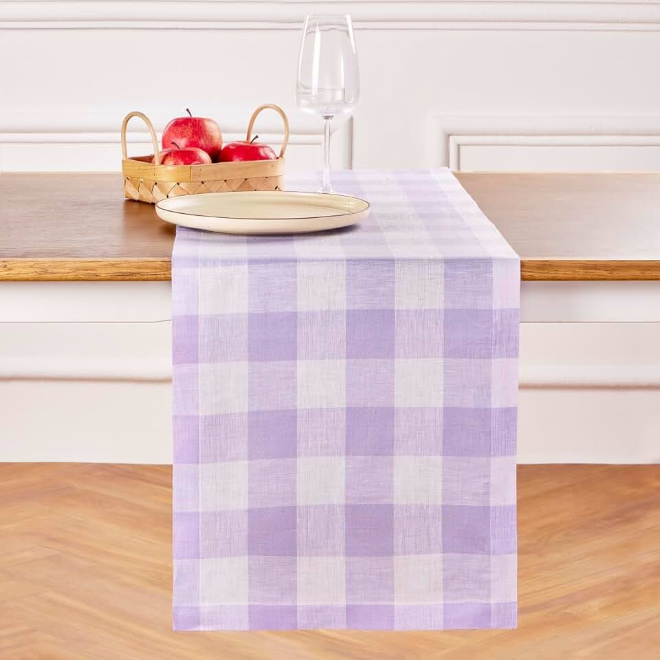 Solino Home 100% Pure Linen Table Runner Lavender, Buffalo Check 14 x 72 in