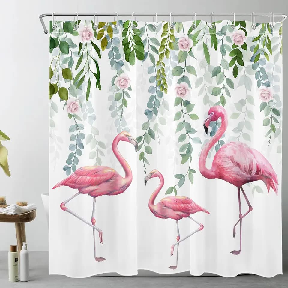 LB Pink Flamingo Shower Curtain Rose Flower in Green Leaf Shower Curtain Set with Hooks Tropical Bird Waterproof Washable Fabric Shower Curtains for Bathroom Decorative,72x72 inch