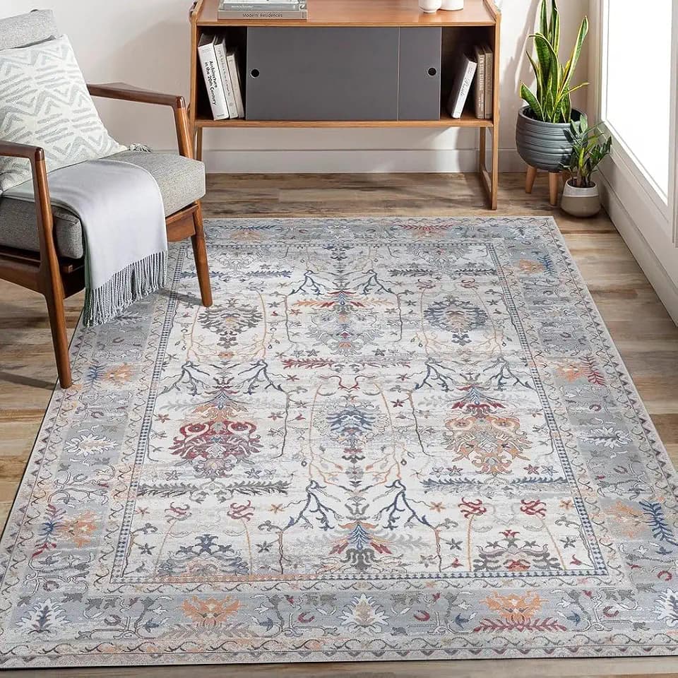 Adiva Rugs Machine Washable 9x12 Area Rug with Non Slip Backing for Living Room, Bedroom, Bathroom, Kitchen, Printed Vintage Home Decor, Floor Decoration Carpet Mat (Multi, 9' x 12')