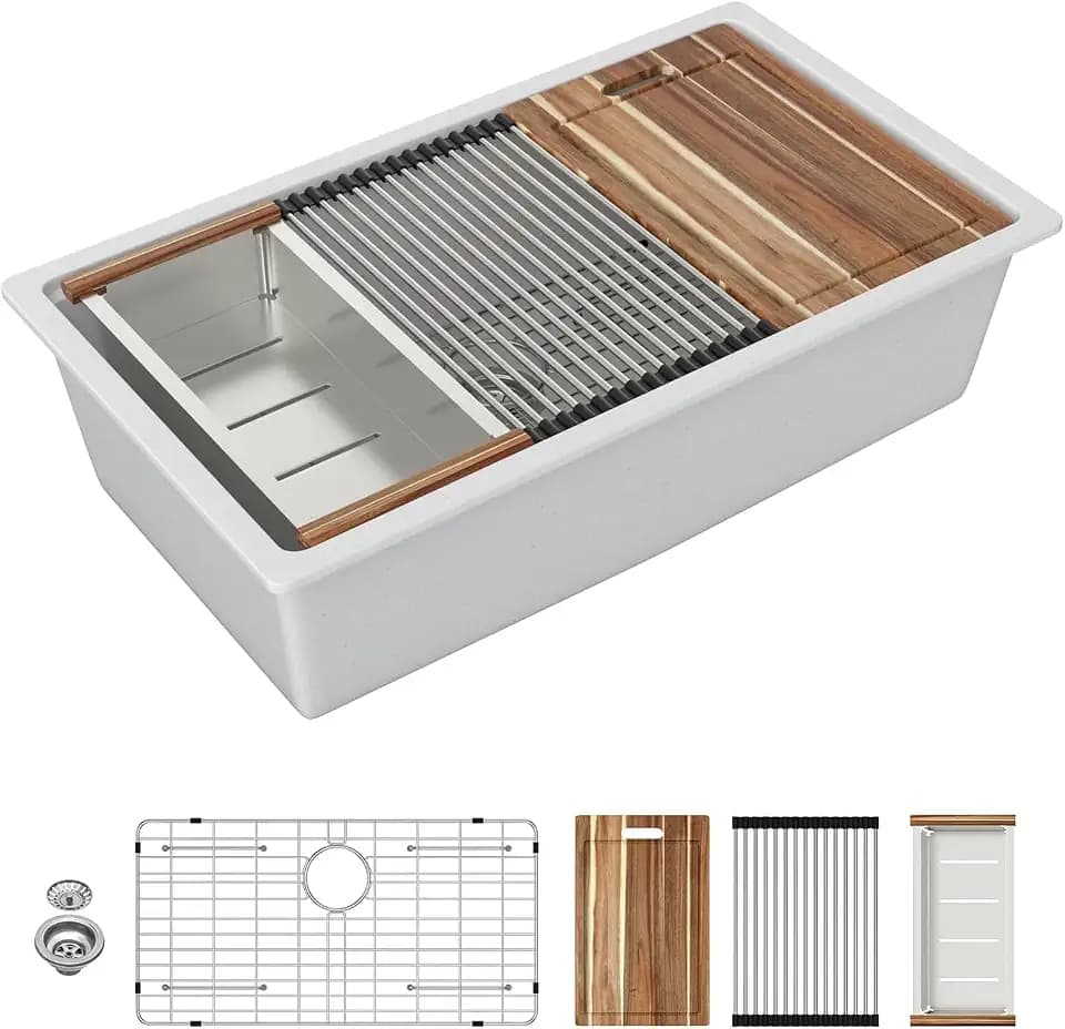 Sarlai Granite Composite Kitchen Sink - 32 x 19 Inch Granite Undermount Kitchen Sink Ledge Workstation 32 Inch Under-Mount White Quartz Classic Single Bowl Sinks Under Counter Basin With Accessories