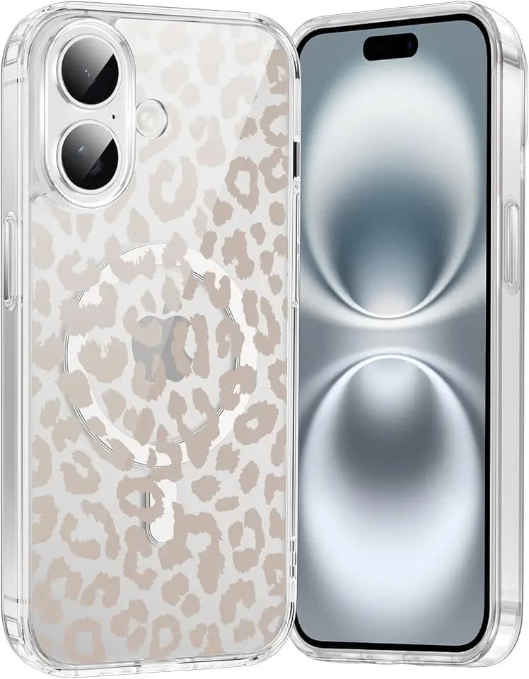 Saqmkil Handyhülle für iPhone 16 Hülle für Magsafe Leopard Beige